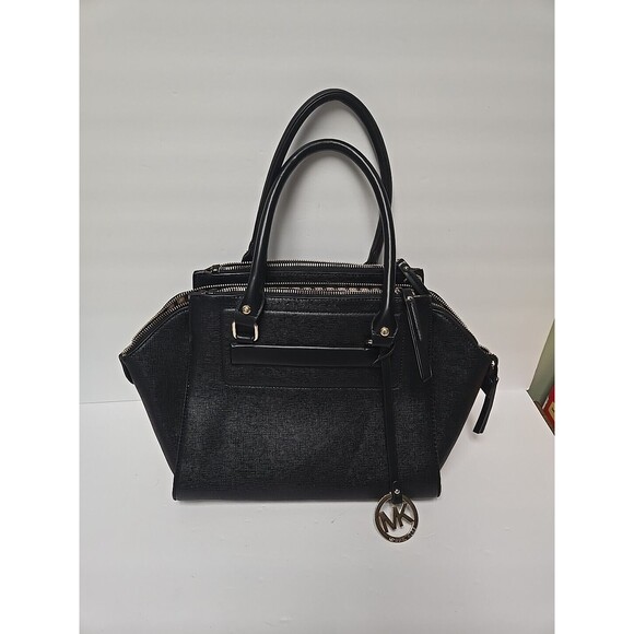 Michael Kors Selma Medium Black Leather Satchel Shoulder Bag Zipped Pockets - Picture 1 of 16